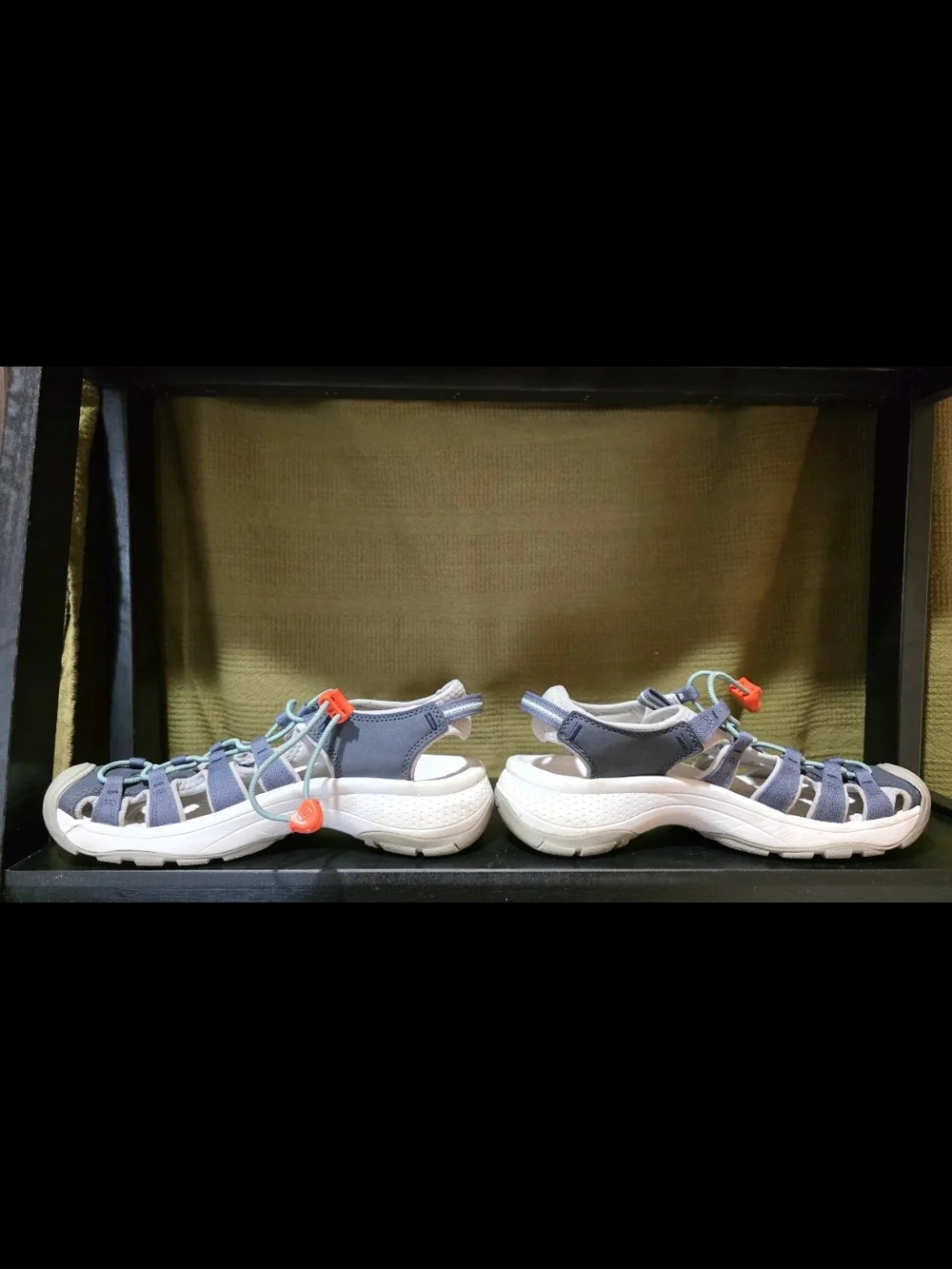 Keen Womens Closed-Toe Sandals in Navy, Gray and Teal with Orange Toggle